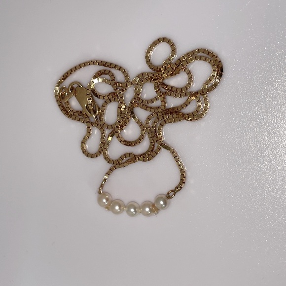 Solid 14K Italy Vintage Modern 5 Pearls Necklace Box Link Chain Lobster Clasp - Picture 5 of 14